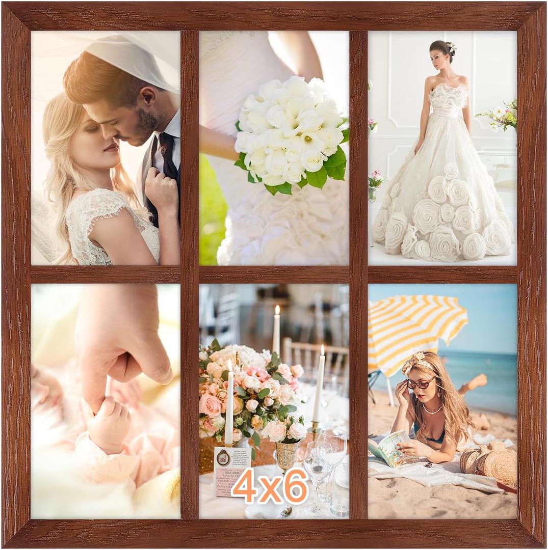 4x6 Oak Wood Picture Frames Collage Wall Decor Brown, Solid Oak Wooden Family Photo Collage Frame 6 Openings, Glass Front, Wall Hanging Display 6 4x6 Pictures (11.5x11.5-6 openings)