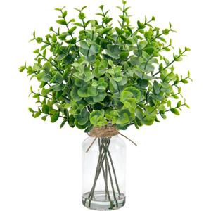 Der Rose 14.5" Fake Plants for Bathroom Decor Artificial Eucalyptus Stems in Clear Glass Vase with Faux Water for Office Desk Accessories Home Wedding Decor