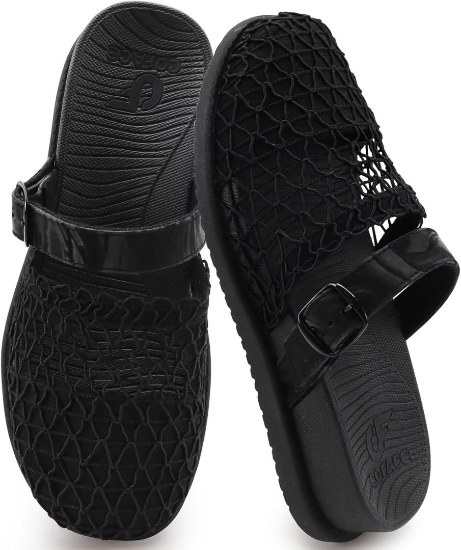 COFACE Womens Orthotic Sandals Ladies Fashion Breathable Mesh Mules Round Toe Backless Loafers Slides Adjustable Wedge Heel Cushion Walking Sandles With Comfortable Arch Support (Black), US 10