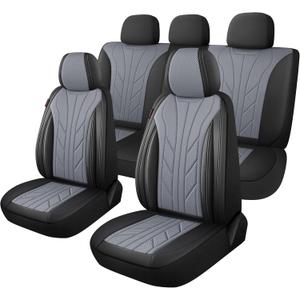 CAROMOP Luxury Faux Leather&Fabric Car Seat Covers Full Set with Breathable 3D Foam Back Support,Universal Comfortable Seat Covers for Cars,Trucks,SUVs, Front Armrests Compatible(5-Seat Black/Grey)