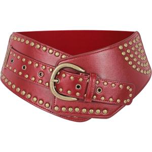 JASGOOD Women Vintage Wide Elastic Belt Studded Stretchy Waist Belt with Rivets Metal Buckle (Suit for Waist Size 47"-51", Red)