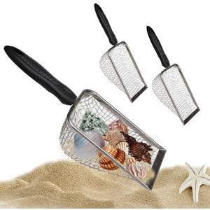 2 Pcs Stainless Steel Beach Mesh Shovel, Metal Shark Tooth Sifter, Black Handle Reptile Sand Scoop Scooper Beach Shell Collecting Tool for Sifting Picking Up Sea Creatures Cat Litter