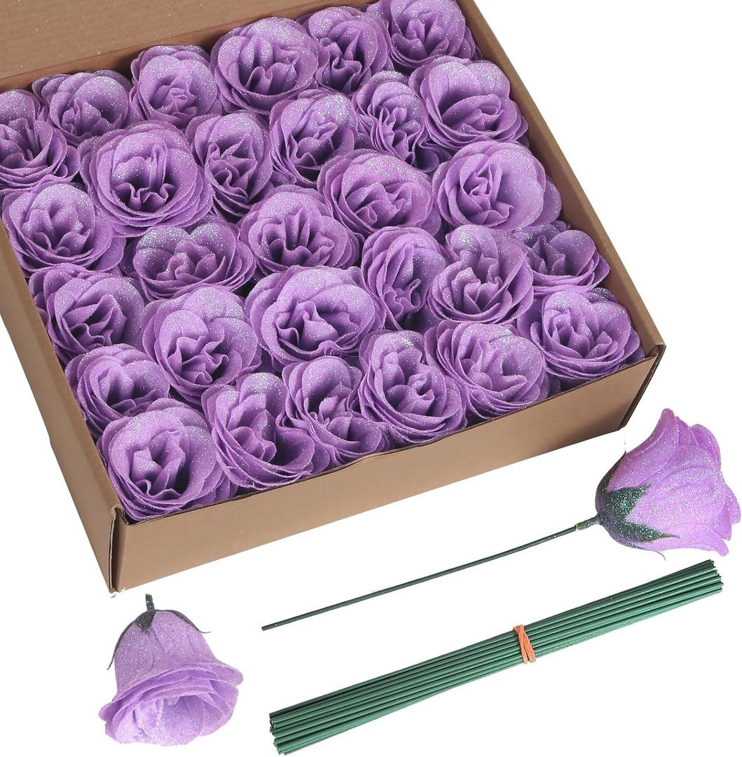 Glitter Roses Bouquet,30PCS Fake Purple Roses Glitter Flowers for Crafts Wedding Bouquet Home Decoration (Lilac)