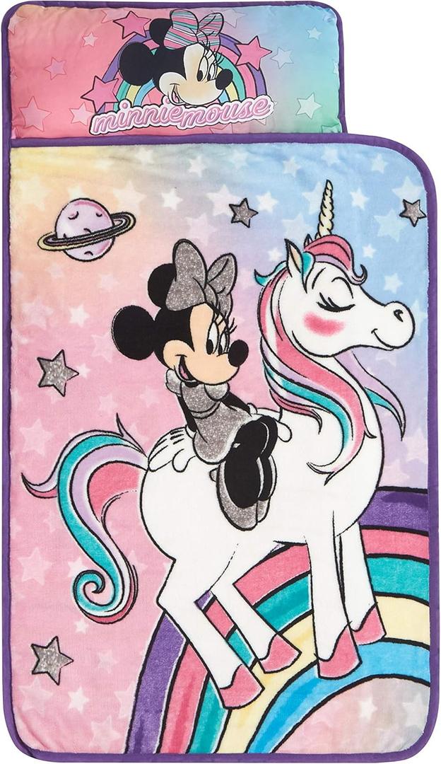 Super Soft Plush Toddler Quilted Nap Mat with Built in Blanket and Pillow (26" W x 46" L, Minnie Mouse)