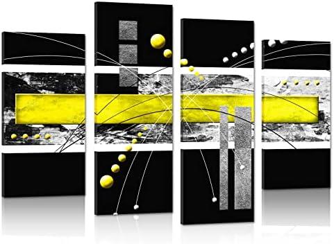 Large Black Yellow Canvas Wall Art - 4 Panels Modern Abstract Picture Set for Home Decoration - Contemporary Painting Artwork Ready to Hang Living Room Bedroom W48" x H36"