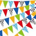 Pasimy 5 Pcs Cartoon Birthday Party Decorations Blue Sky White Clouds and Cow Print Pennant Banners Flags Red Blue Yellow String Triangle Flag Banner for Baby Shower Birthday Party Decorations