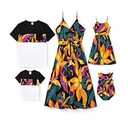 PATPAT Family Matching Hawaiian Outfits: Men Tropical Floral Short Sleeve T Shirts - Dad and Son Matching Shirts for Summer Vacation Beach Luau Cruise, Black Colorful Leaf, Men, Large