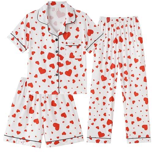 Hupohoi Girls Pajamas Short Sleeve Long Pants and Shorts 3 Piece Sleepwear Button Down Outfit with Pockets Loung Sets Cute Patterns, Red Hearts, 16
