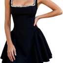 Womens Sexy Square Neck Mini Pearl Dress Sleeveless Backless A Line Ruffle Short Wedding Guest Dresses (Black, L)