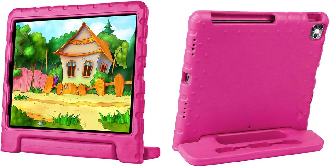 New Kids Case for iPad Pro 12.9 Case Super Protection iPad Pro 12.9 inch 6th 5th 4th 3th Cover with Pencil Holder and Handle Stand for iPad Pro 12.9 2022 2021 2020 2018 Rose Red