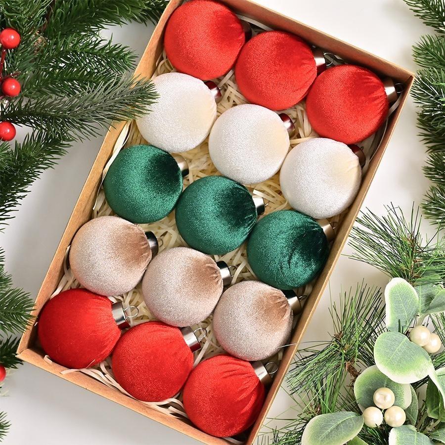 Velvet Christmas Balls Ornaments for Tree - 15pcs Shatterproof Christmas Ornaments for Xmas Trees Decorations - Multicolor Red Green Brown Beige, 80mm 3.15inch