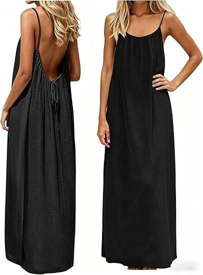 Backless Cami Dress Backless Dress House Dress for Women Sleeveless Long Cami Lounge Dress Backless for Indoor Summer Wear (Black, XL)