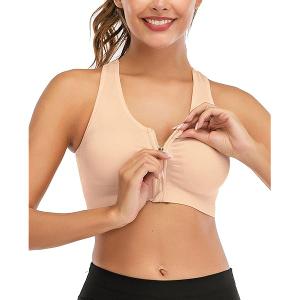 Womens Zip Front Sports Bra Large Wireless Post-Surgery Bra Racerback Yoga Sports Bras, L