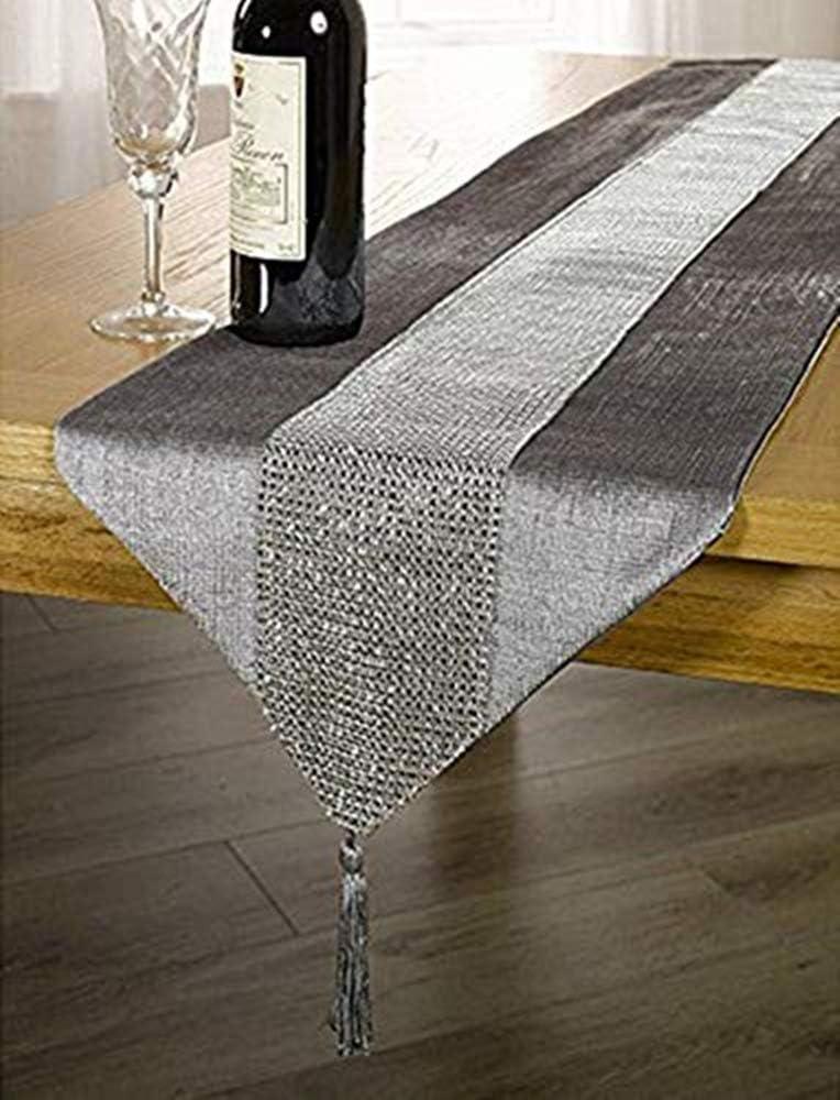 OZXCHIXU 13inch x 72inch Table Runner with Diamante Strip and Tassels (Grey)