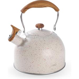 Tea Kettle, BELANKO 85 OZ / 2.5 Liter Whistling Tea Kettle, Tea Pots for Stove Top Food Grade Stainless Steel with Wood Pattern Folding Handle, Loud Whistle Kettle for Tea, Coffee, Milk - Cream White