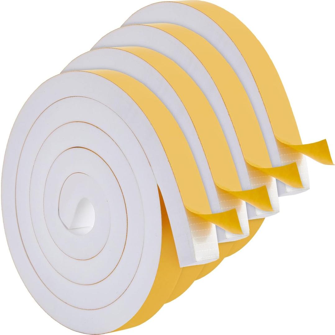 4 Rolls Total 26 Ft White Weather Stripping 1 Inch Wide x 3/4 Inch Thick Self Adhesive High Density Foam Tape Insulation Weatherproof Window Door Seal Strip Soundproof Collision Avoidance 6.5 Ft x 4