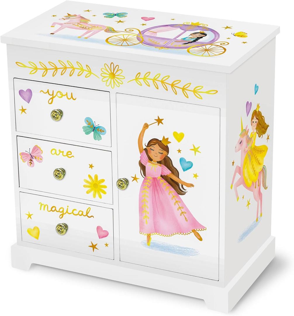 Giggle & Honey Princess Musical Jewelry Box for Girls Kids Music Box with Drawers, Fairytale Gifts for Girls Birthday, Princess Jewelry Boxes for Ages 3-10