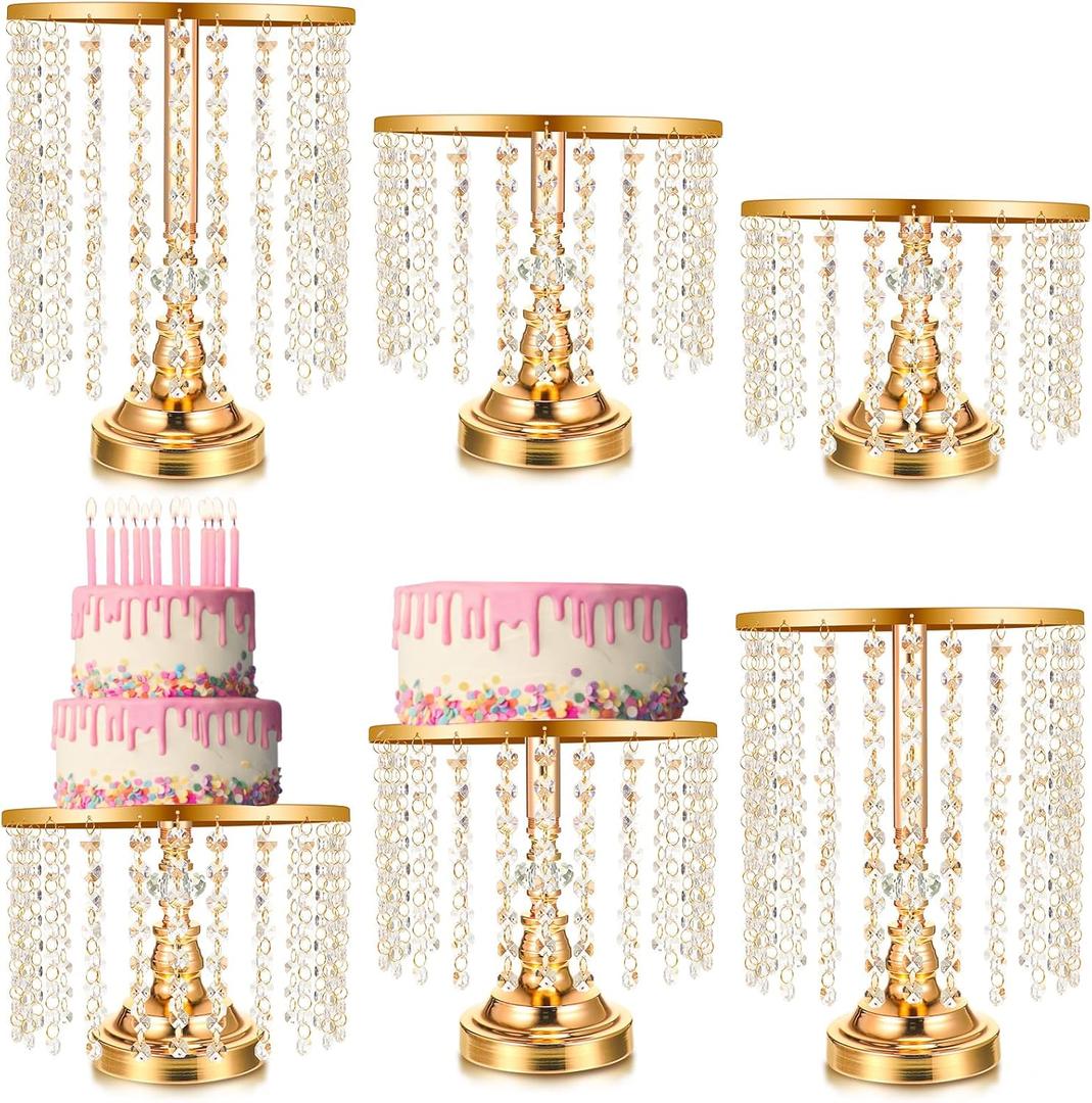Bokon 6 Pcs Crystal Gold Cake Stand Round Dessert Cupcake Holder Metal Stand Table Cake Pedestal with Crystal Pendant and Wedding Bead Dessert Cupcake Pastry Display Plate for Wedding Birthday Party