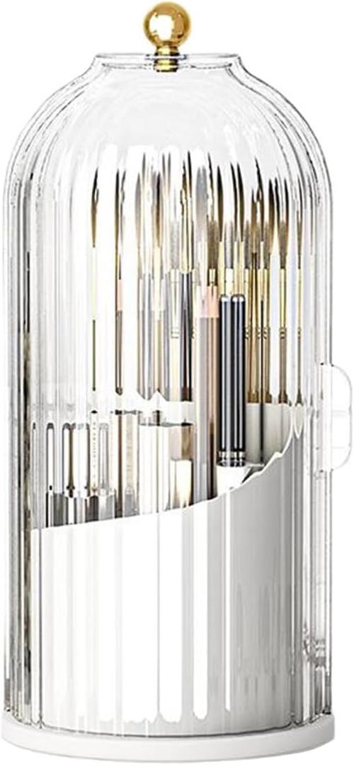 BirdcageStyle Concealed Toothbrush Holder Sliding Lid Bathroom Counter Organizer Tooth Brush Holder for Bathroom 360 Rotating Waterproof Dustproof Makeup Brushes Storage for Vanity (White)