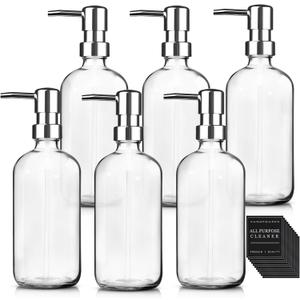 6 Pack Glass Soap Dispenser with Pump 17 oz Refillable Liquid Hand Soap Dispensers for Bathroom Kitchen Liquid Bottle with Labels for Dishwashing Soap Shampoo Body Wash Facial Cleanser Lotion,Clear
