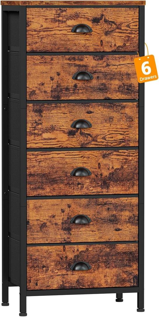 Furnulem Tall Dresser with 6 Drawers, Vertical End Table and Nightstand for Bedroom, Industrial Dorm Bedside Furniture with Fabric Storage Drawer Organizer in Living Room, Closet, Entryway (Rustic Brown)