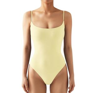 SUUKSESS Women Sexy Square Neck Thong Bodysuit Backless Sleeveless Basic Cami Body Suit Top (Pale Yellow, XL)