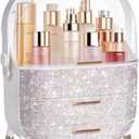 MASSY Egg Shape(Oval) Makeup Storage Box, Countertop Portable Vanity Cosmetics Organizer Preppy Style (Rhinestone White)