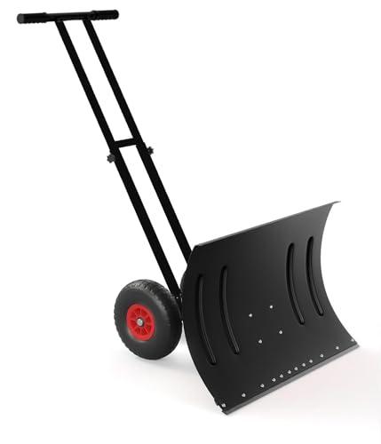 29" Snow Pusher Shovel with Wheels, Heavy Duty Steel Snow Shovel with Angled Blade, 5-Position Adjustable Handle for Efficient Snow Removal on Doorway, Sidewalk & Driveway