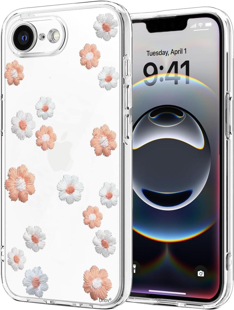 Unov Case for iPhone 16e Case Clear with Design Embossed Flower Pattern TPU Soft Shock Bumper Absorption Slim Protective 6.1 Inch (Daisy Blooms)