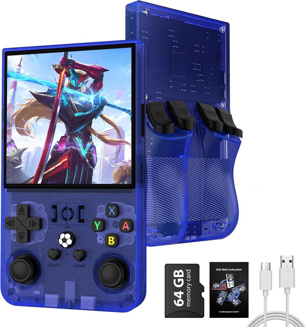 R36MAX Retro Handheld Game Console, 4.0 Inch IPS Screen, 64GB Memory, Portable Arcade Video Gaming Console Gift for Adults, Lake Blue