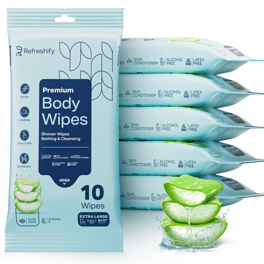 60 XL Shower Wipes Body Wipes for Adults Bathing No Rinse 6 Packs of 10 Extra Moist Bath with Aloe & Vitamin E for Camping, Travel, Gym & Bedridden Care