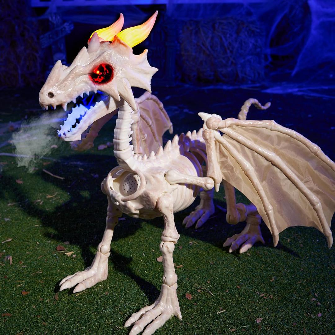 JOYIN Dragon Skeleton Halloween Decoration, 23.6" Roaring Mist-Spraying Dragon with Wings, LED, Posable Joints, Sound Motion Activated Animal Skeleton Animatronic for Haunted House (Battery Operated)