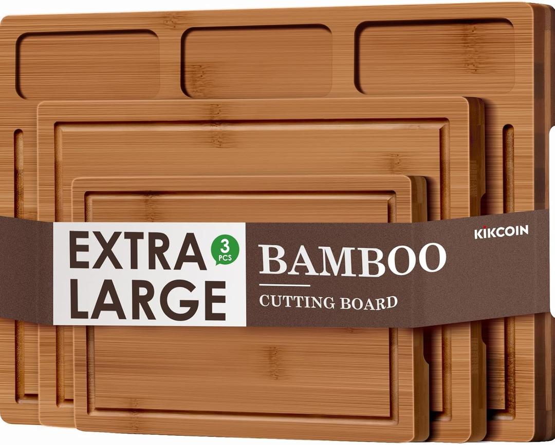 Kikcoin Bamboo Cutting Boards for Kitchen, (Set of 3) Kitchen Chopping Board with 3 Built-In Compartments and Juice Groove Heavy Duty Serving Tray Wood Butcher Block and Wooden Carving Board, Brown (Large)