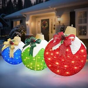 Christmas Outdoor Decoration 3-Pack Lighted Ornament Balls, LED Holiday Décor with Snowcap & Bow, Pop-Up Christmas Balls with Top Hanger Ring & Metal Bases for Indoor/ Outdoor Lawn & Porch
