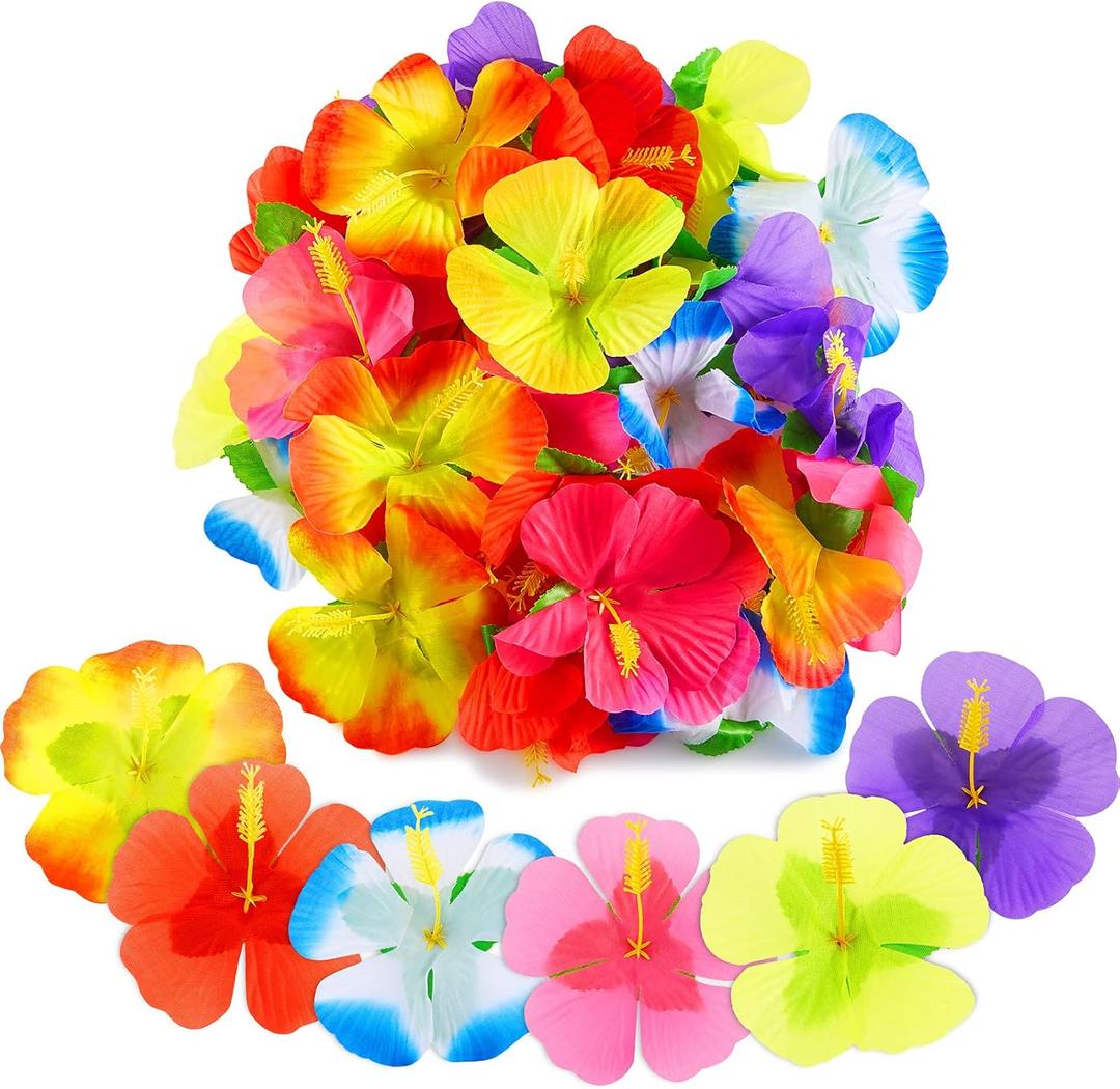 WILLBOND 120 Pieces Hibiscus Flowers Decoration Hawaiian Faux Flowers Tropical Faux Colorful Polyester Hibiscus Tabletop Vivid DIY Decoration for Home Garden Party Favor