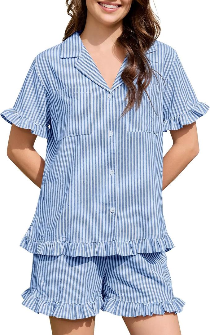Kissonic Womens Striped Pajamas Set 2 Piece Cotton Short Sleeve Ruffle Pajama V Neck Striped Pjs Lounge (S)