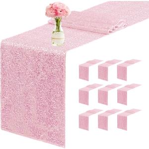 10 Packs 12 x 72 inches Sequin Table Runner, Pink Glitter Table Runner for Birthday Party Supplies Wedding Engagement Baby Shower Holiday Celebration Event Decorations