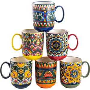 Henten Home Porcelain Coffee Mug Set of 6, 14 oz Colorful Latte Cup with Handle, Boho Ceramic Mug for Hot Chocolate, Milk, Tea, Cappuccino, Cocoa, Microwave & Dishwasher Safe