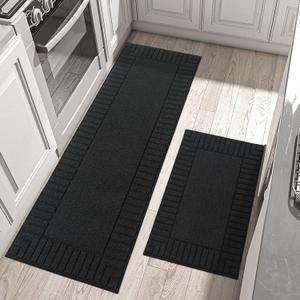 BEQHAUSE-Kitchen-Rugs-and-Mats,2 PCS Non Slip Kitchen Floor Mat,Absorbent Kitchen Rug Sets Machine Washable Kitchen Runner Rug Black Kitchen Mat 24x35inch/24x60inch