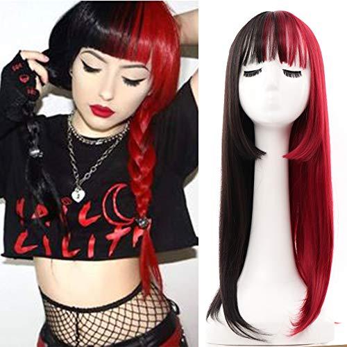 Kaneles Half Red Half Black Wig with Bangs Long Straight Synthetic Heat Resistant Wig for Women Hair Natural Halloween Cosplay Wigs (Half Black Half Red) : Clothing, Shoes & Jewelry