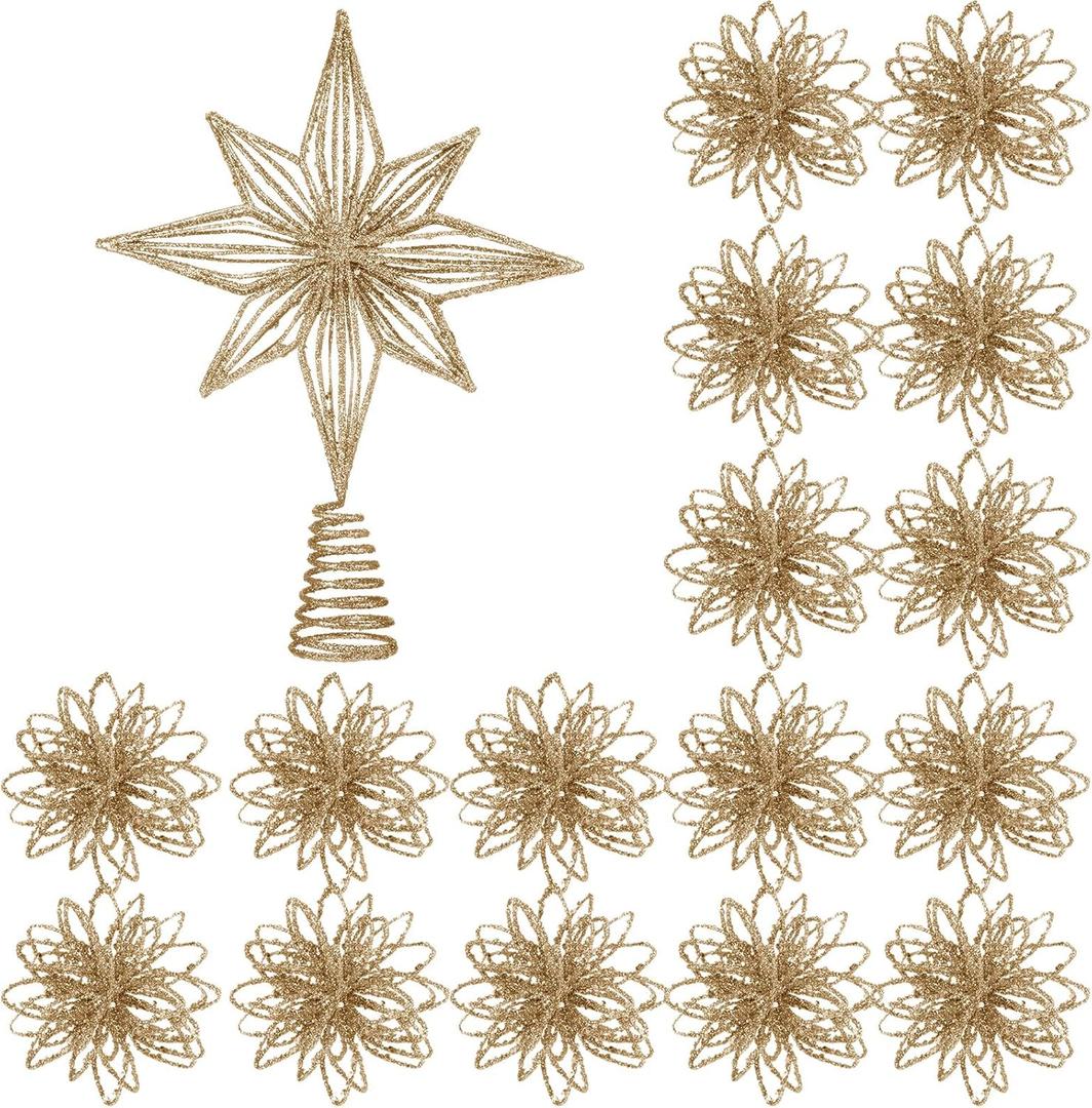 Barydat 17 Pcs Christmas Tree Decorations Set Glitter Star Christmas Tree Topper Metal Xmas Treetop with 16 Hanging Flower Christmas Balls Ornaments for Holiday Xmas Tree Party Decoration (Champagne)