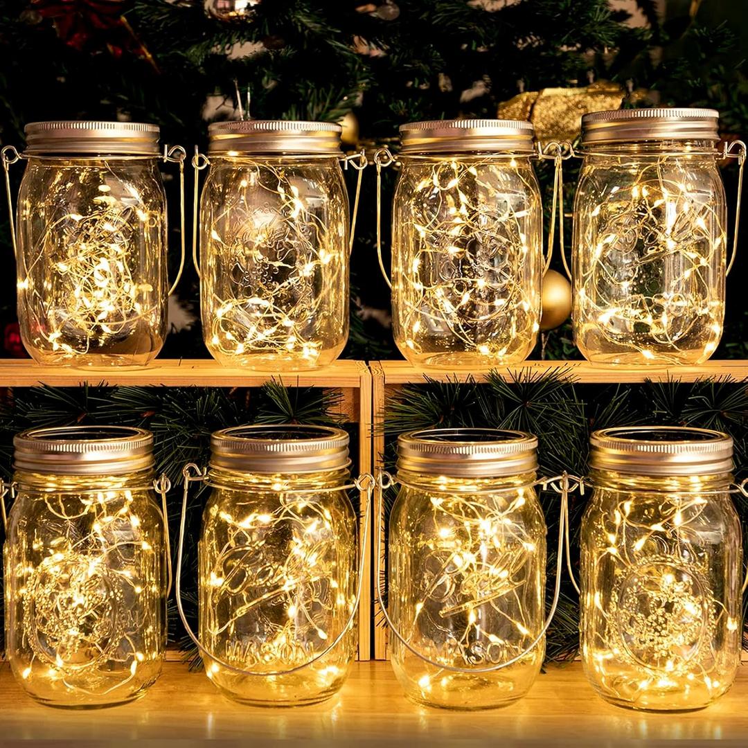 HXWEIYE 8 Pack Solar Mason Jar Lights Lanterns,Jars & Hangers Included30LED Waterproof Hanging Outdoor Fairy Lights for Patio Garden Porch Yard Backyard Balcony Wedding(Warm White)