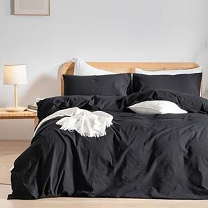 BESTOUCH Duvet Cover Set 100% Washed Cotton Linen Feel Super Soft Comfortable Chic Lightweight 3 PCs Home Bedding Set Solid Deep Black Full/Double