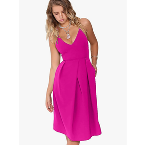 Women's Deep V Neck Adjustable Spaghetti Straps Summer Dress Sleeveless Sexy Backless Party Dresses with Pockets, Rose Red, Size L
