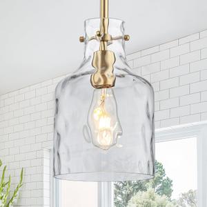 WILON Pendant Light Fixtures,Glass Pendant Lighting for Modern Kitchen Island Adjustable Hanging Ceiling Light 7" Hammered Glass Shade Pendant Lights for Dining Room Kitchen Sink, Gold Metal Finish (1-Light-Large)