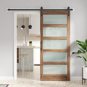 FREDBECK 36 x 84 inch Glass Barn Door with 6.6FT Barn Door Hardware Kit & Handle Included,5-Panel Frosted Glass, Water-Proof Surface,Pre-Drilled Holes,Need Assembly