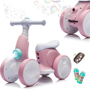 JoyRydz 6V Electric Baby Balance Bike with Bubble Machine,4 in 1 Toddler Balance Bike w/Remote Control for 1 Year Old Boys Girls Kids Bubble Bike Ride on Toys w/Powered Motor,Music,LED Lights (Pink)
