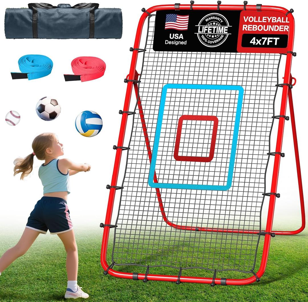 Volleyball Rebounder Net 7x4 Ft, 5-Angle Adjustable Rebounder Net for Practicing Digging, Setting, Spiking, Bounce Back Training Equipment with 2 Target Stripes & Portable Travel Bag for Storage