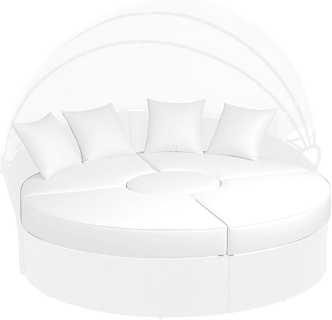 (Cushions Only) 5 PCS Outdoor Round Daybed Cushion Waterproof, Patio Sunbed Replacement Cushions Anti-Slip,Olefin Circle Island Mattress and 5 Pillows(White, 66 * 6in)