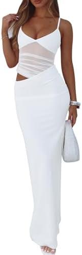 BORIFLORS Women's Sexy Bodycon V Neck Spaghetti Strap Maxi Dress Elegant Backless Cocktail Evening Party Long Formal Dresses(XS)